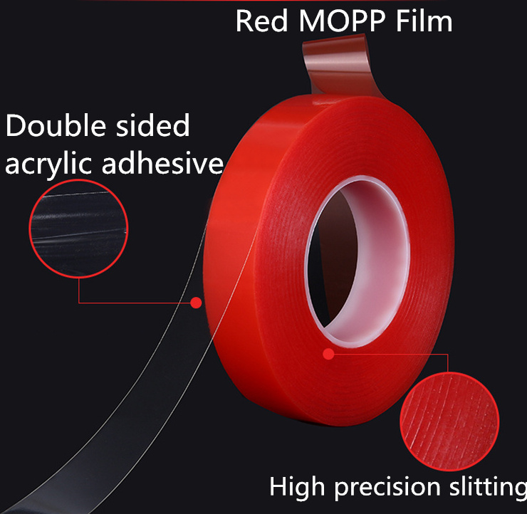 Red PET double side tape with red mopp film liner China PET double side tape