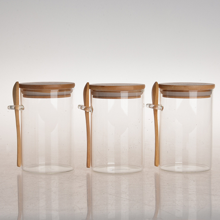 Eco-Friendly Feature borosilicate glass food spice jar airtight clear glass storage jar sets with bamboo spoon press lid