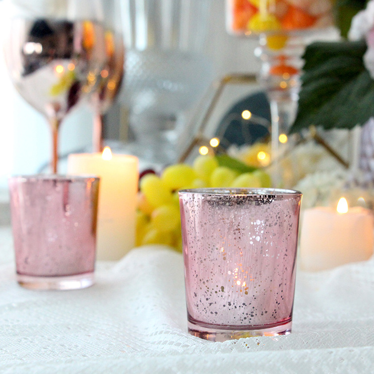 elegant hurricane pink electroplate lanterns candle jars custom glass candle holder jars for wedding party decoration