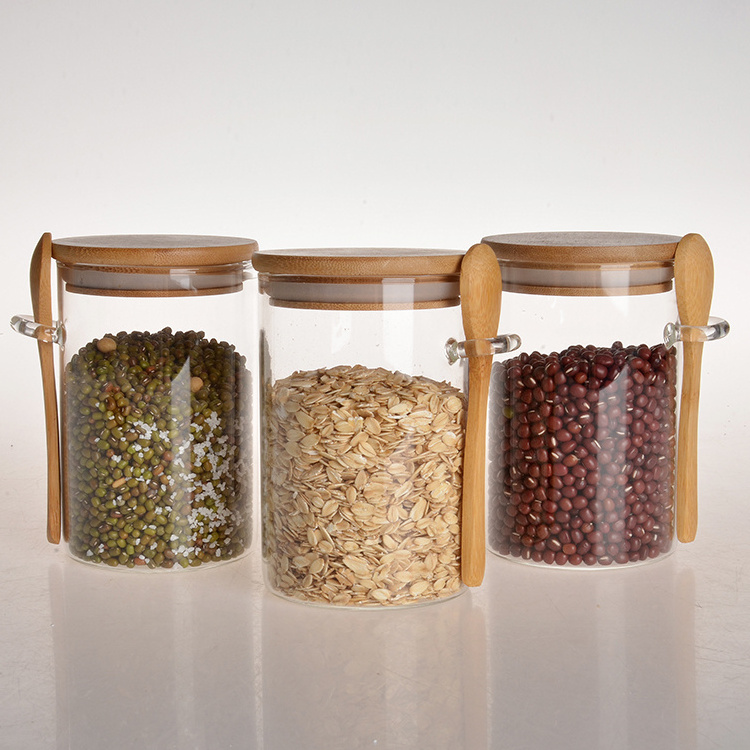 Eco-Friendly Feature borosilicate glass food spice jar airtight clear glass storage jar sets with bamboo spoon press lid