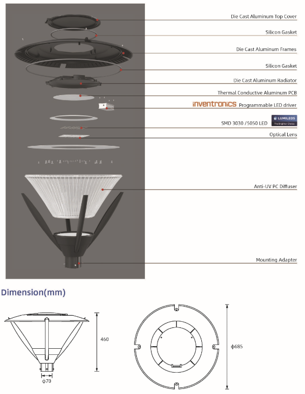 ZG-1097 LED Post Top Luminaire 40W 60W 80W 100W LED Yard Lighting