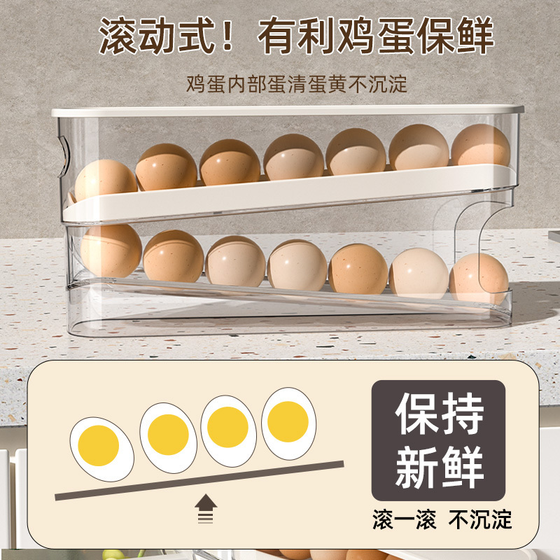 Hot 2 tier automatic rolling chicken egg storage container box with lid stackable egg organizer storage rack for fridge