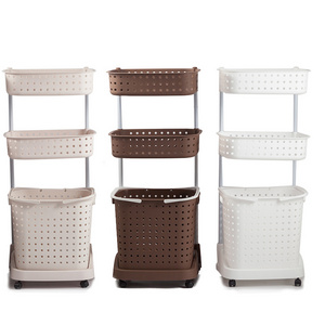 3 layer movable laundry basket with wheels bathroom plastic shelves organizer