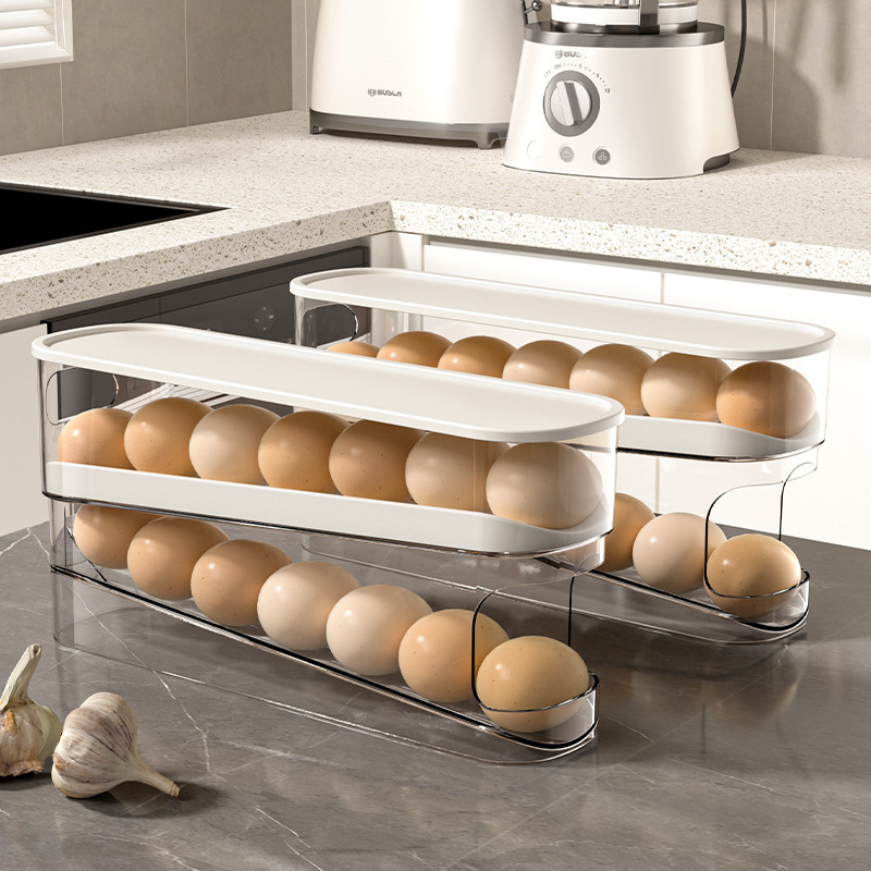 Hot 2 tier automatic rolling chicken egg storage container box with lid stackable egg organizer storage rack for fridge