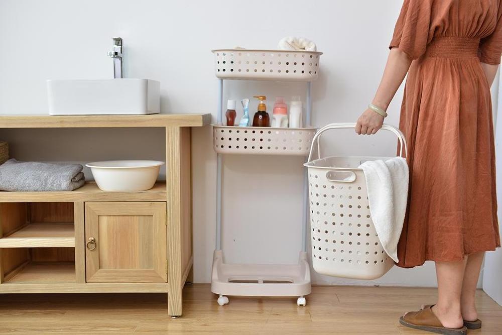 3 layer movable laundry basket with wheels bathroom plastic shelves organizer