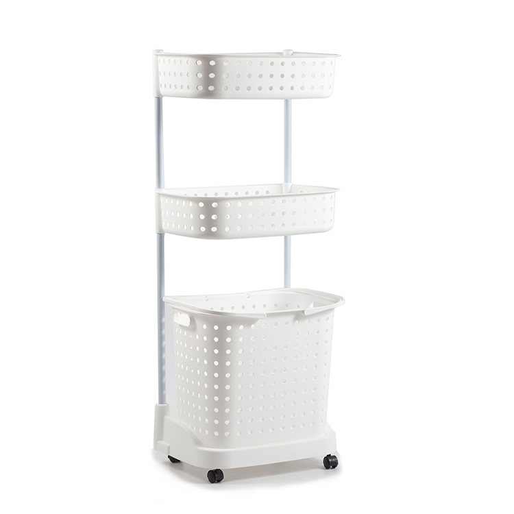 3 layer movable laundry basket with wheels bathroom plastic shelves organizer