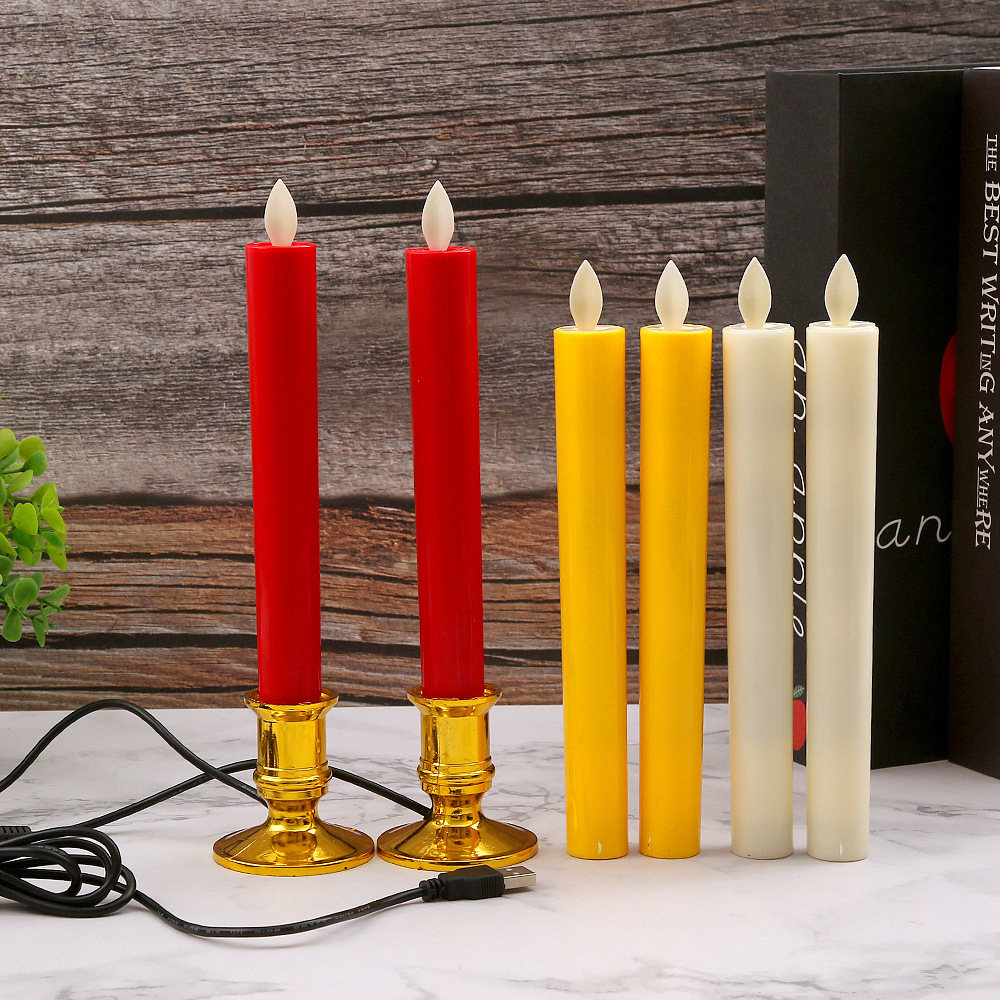 Flameless Electric USB Battery powered press candle Flickering Wick led long taper candles light with Timer