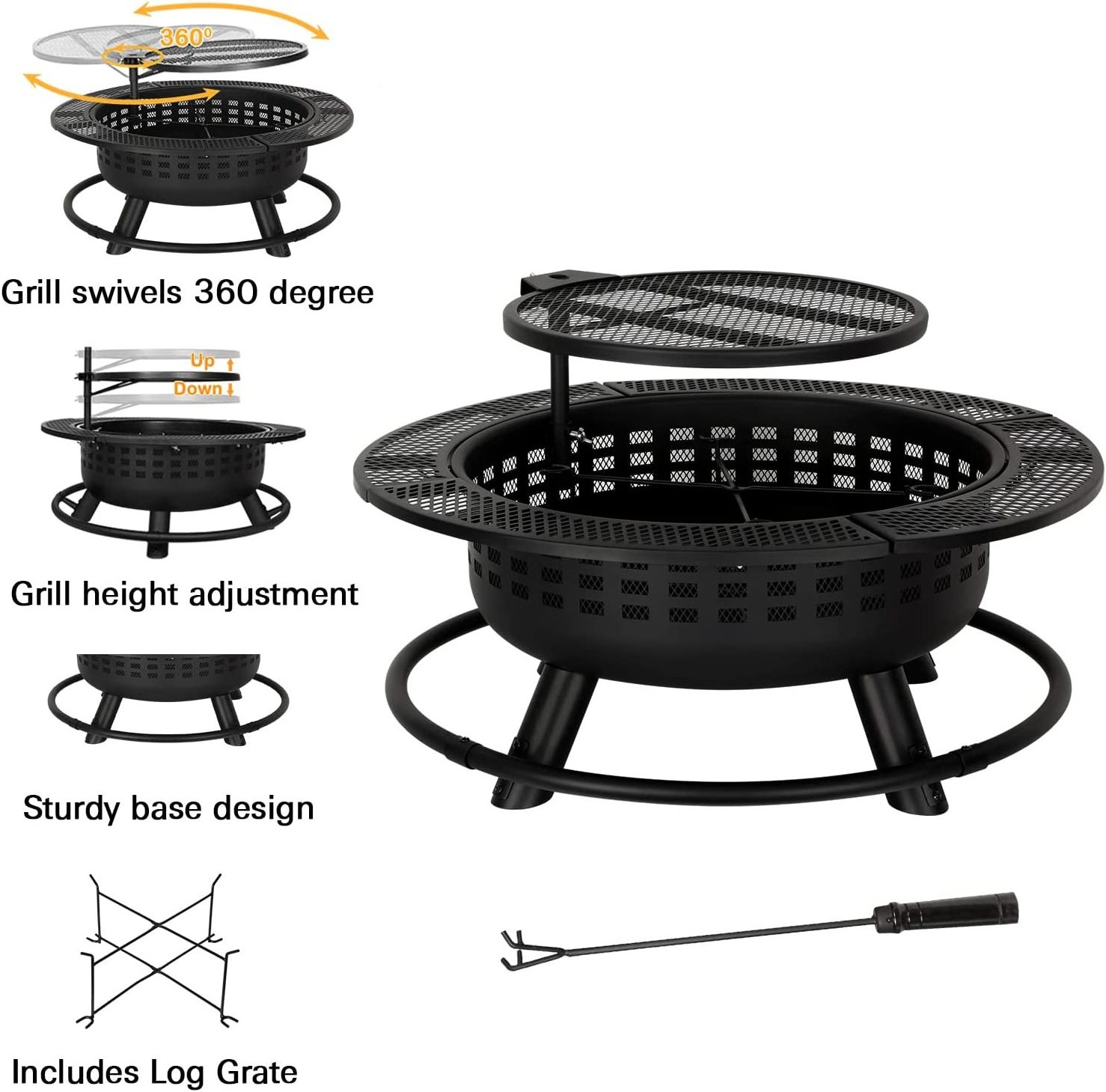 Durable Wood Burning Fire Pit Outdoor With Cooking Grate Wood Burning 32in Firepit Backyard Patio 2 In 1 Patio Fire Pit