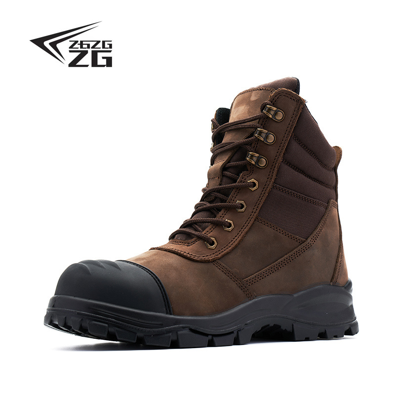 Brown high cut side zipper work boots  made of first layer of crazy horse leather  for men with steel toe  work boots