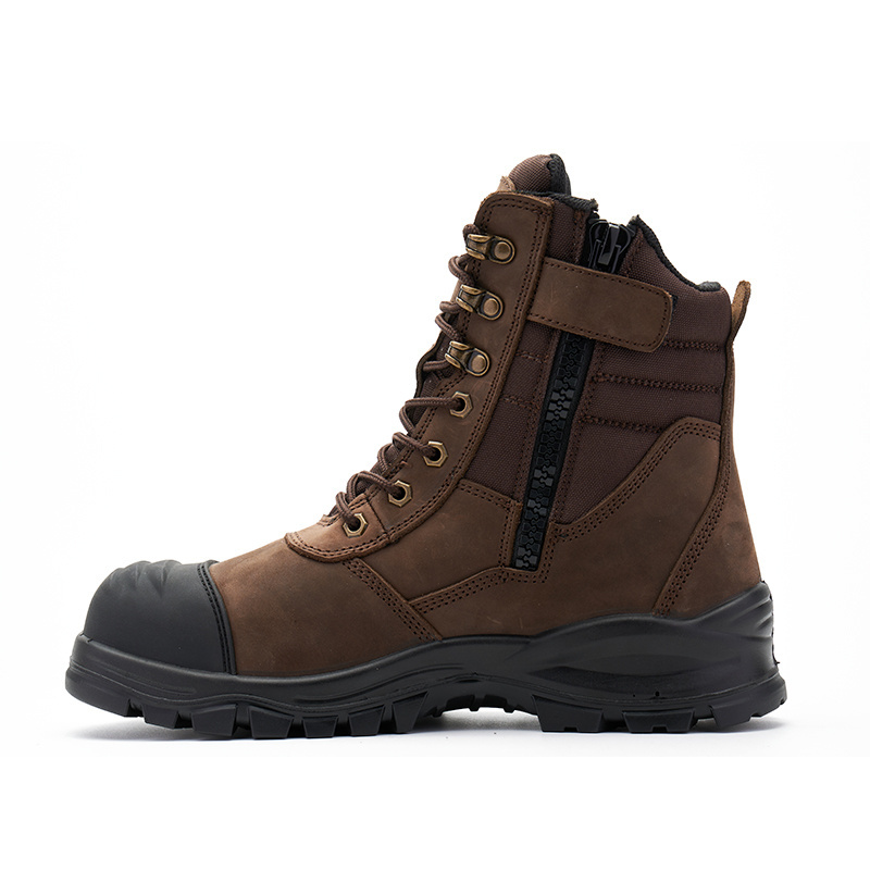 Brown high cut side zipper work boots  made of first layer of crazy horse leather  for men with steel toe  work boots