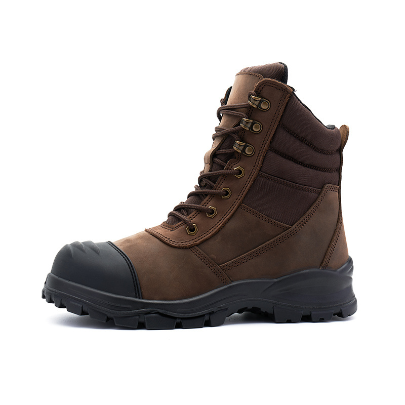 Brown high cut side zipper work boots  made of first layer of crazy horse leather  for men with steel toe  work boots