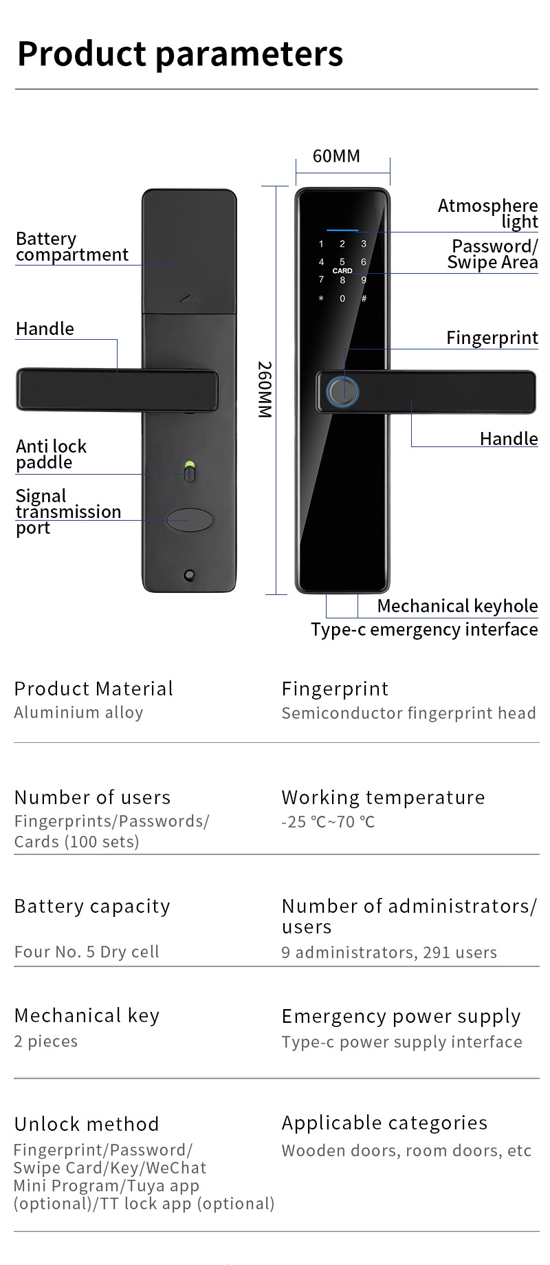 Gate Lock Fingerprint Door Lock Handle Battery Recargable Lock