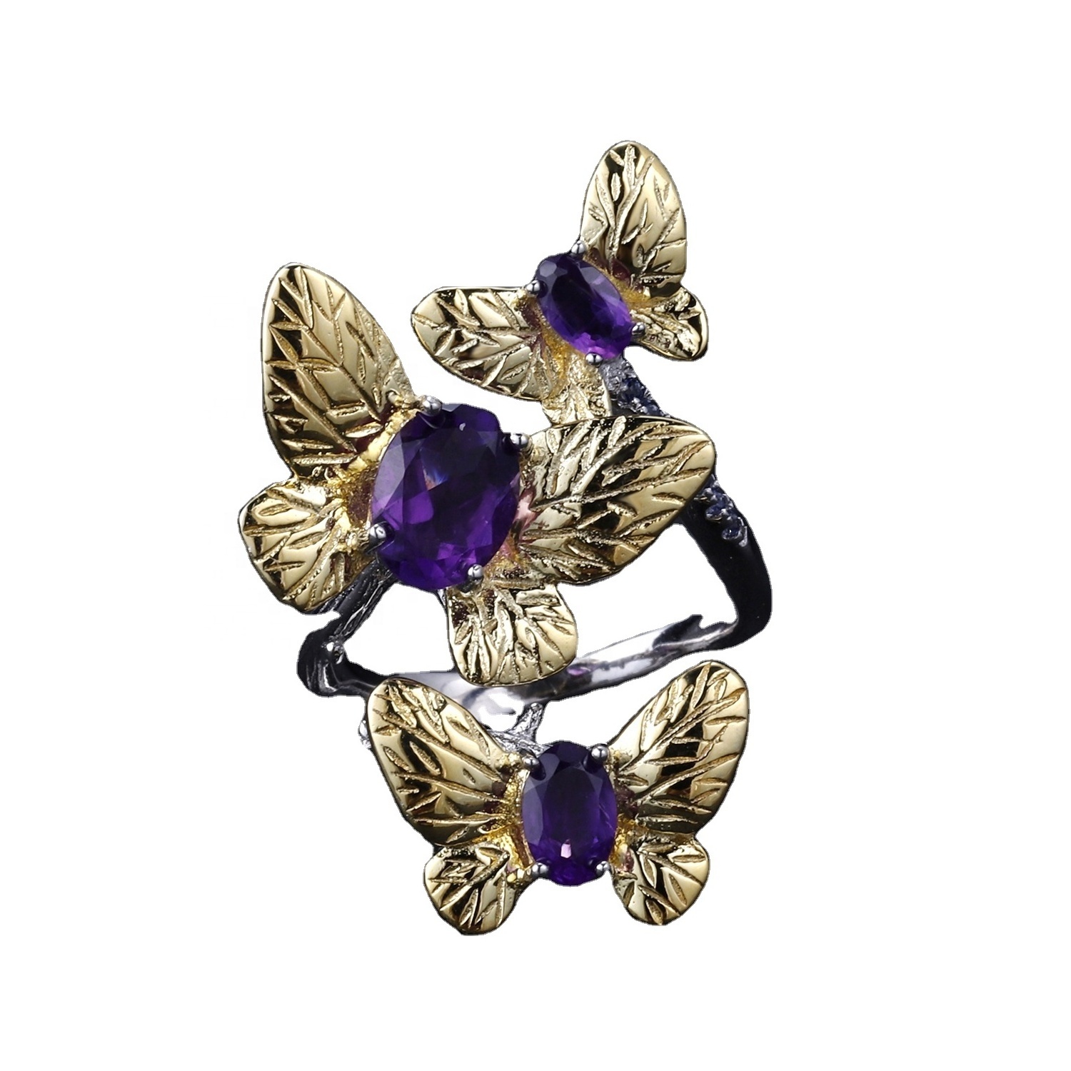 Butterfly-shaped gold-plated amethyst ring