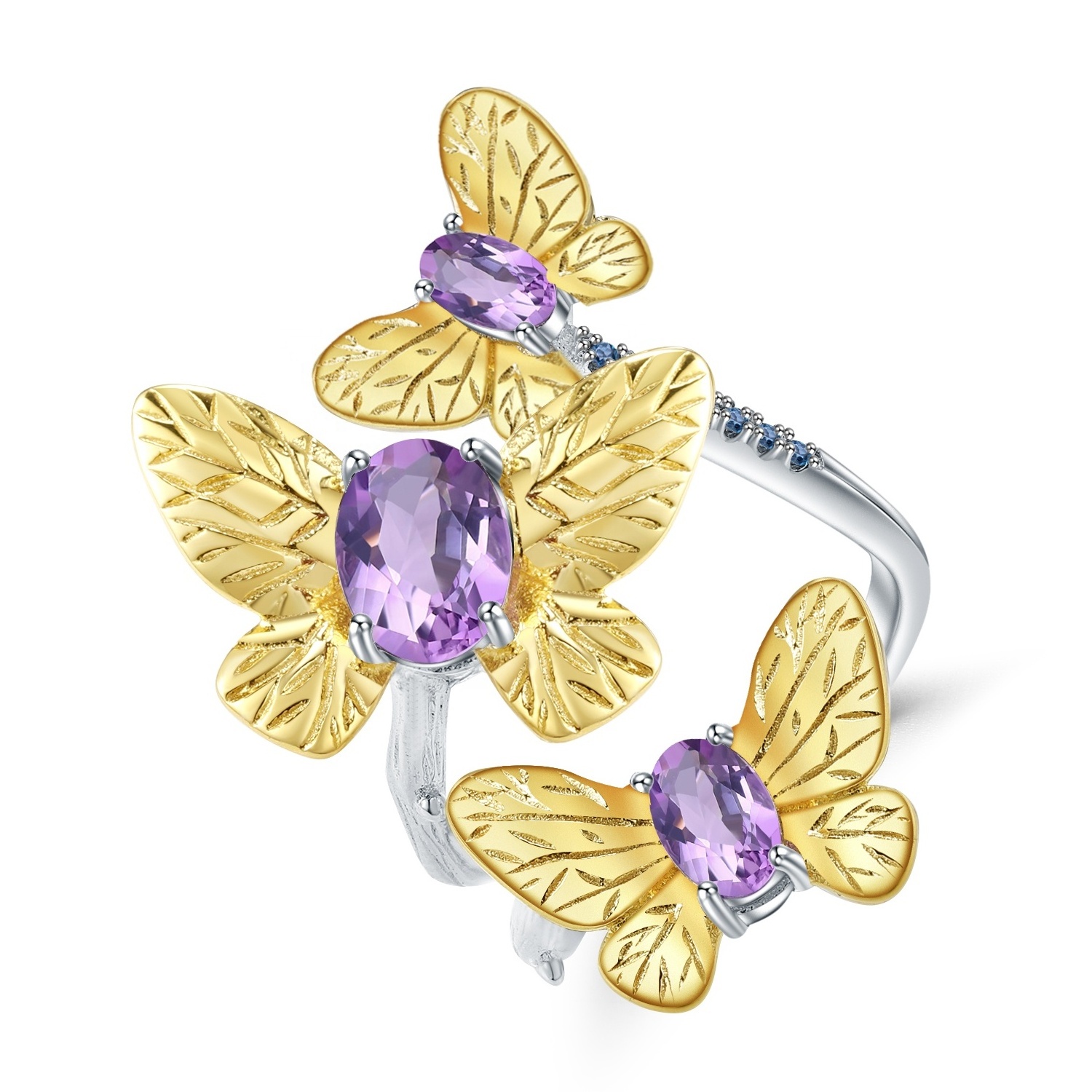 Butterfly-shaped gold-plated amethyst ring