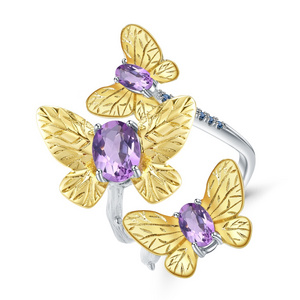 Butterfly-shaped gold-plated amethyst ring