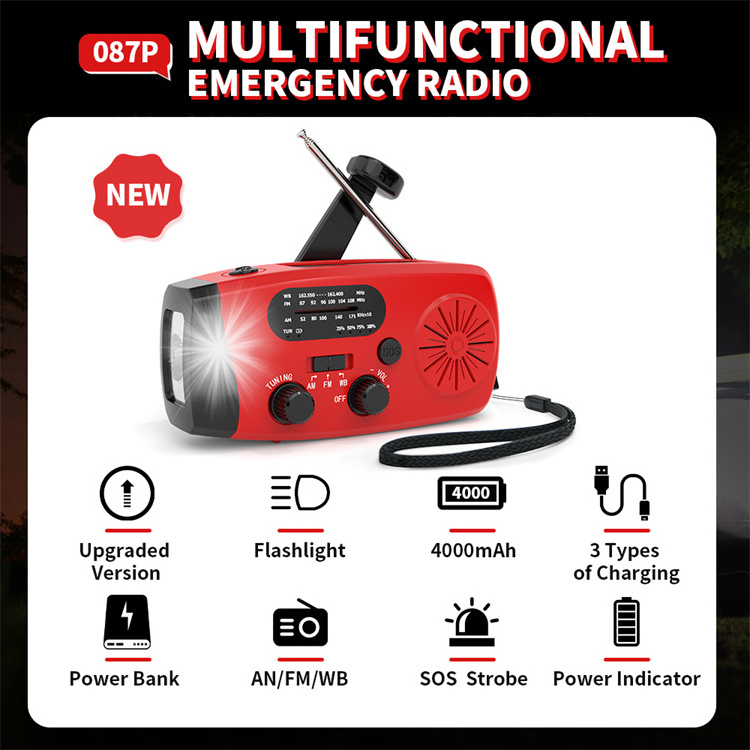 Upgraded 4000mAh Power Bank Emergency Weather Radio Solar Hand Crank Am Fm Noaa Portable Radio with Flashlight