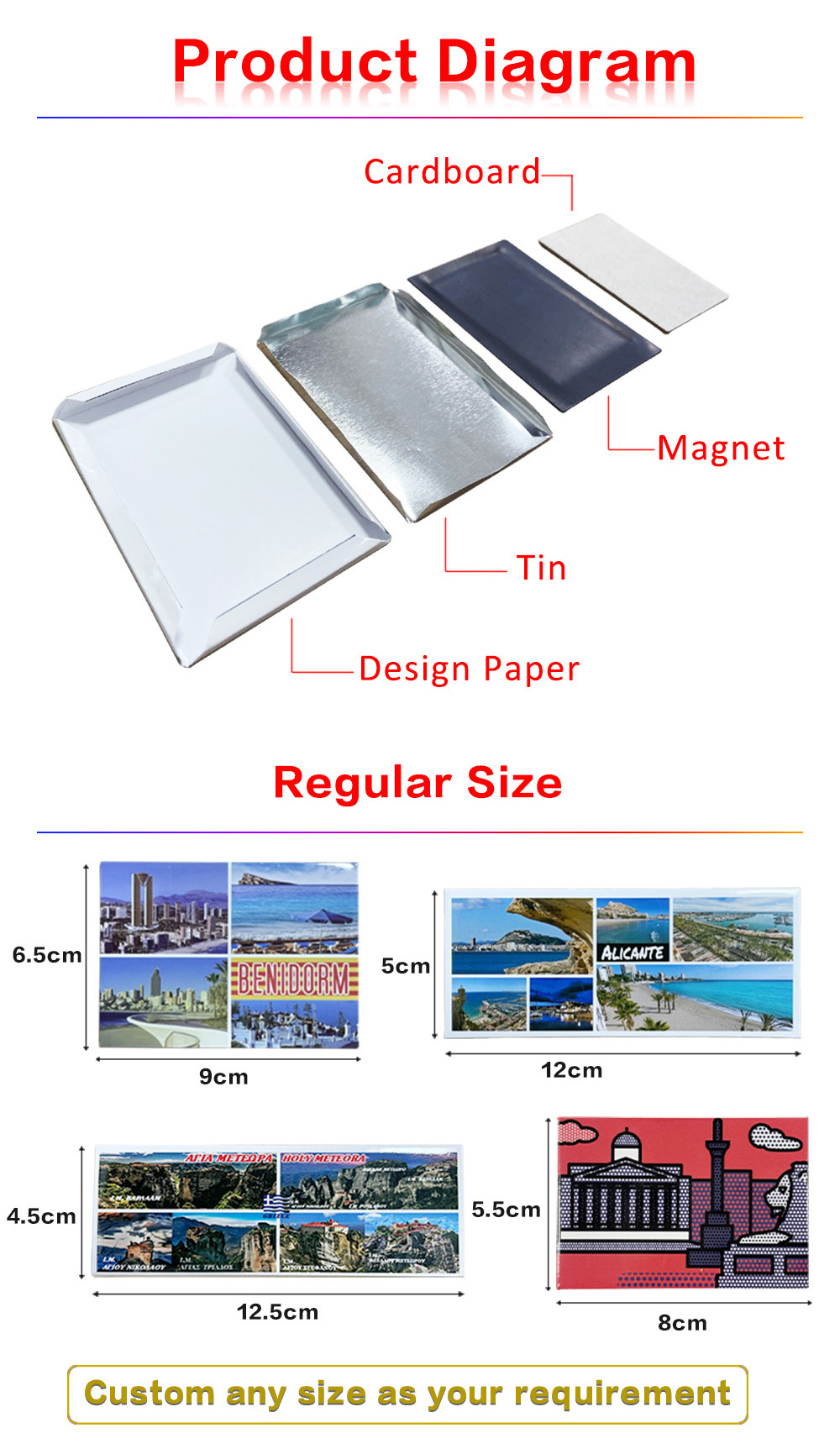 Custom around the world tinplate Tourist Souvenir 2D 3D Fridge Magnet Metal Tin Plate Photos Fridge Magnet