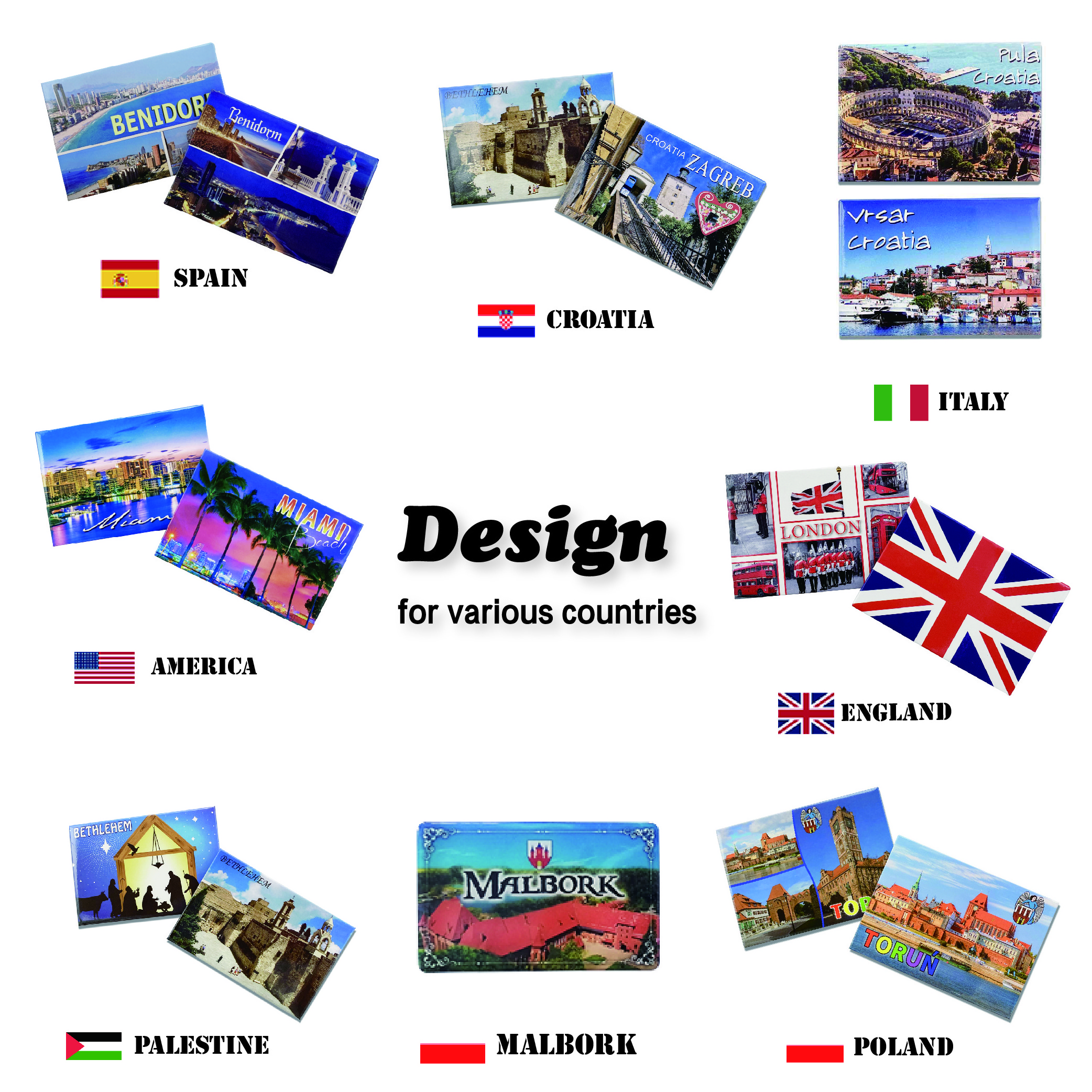 Custom around the world tinplate Tourist Souvenir 2D 3D Fridge Magnet Metal Tin Plate Photos Fridge Magnet