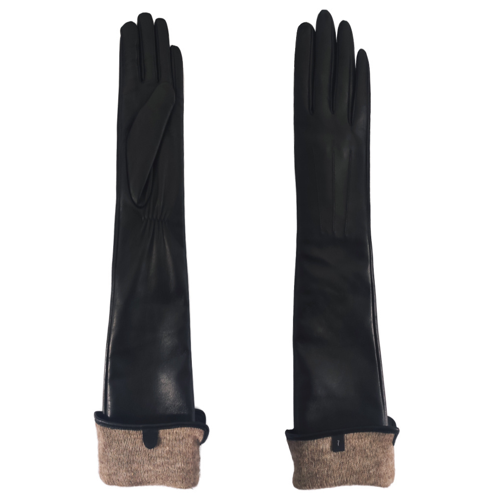 Plain style fashion sexy ladies winter black long sheepskin leather hand gloves