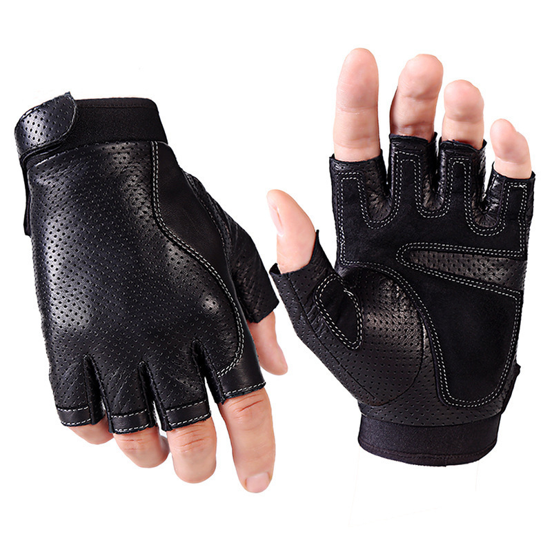 Men's Sheepskin Fingerless Half Finger Driving Fitness Motorcycle CYCLING Leather Gloves