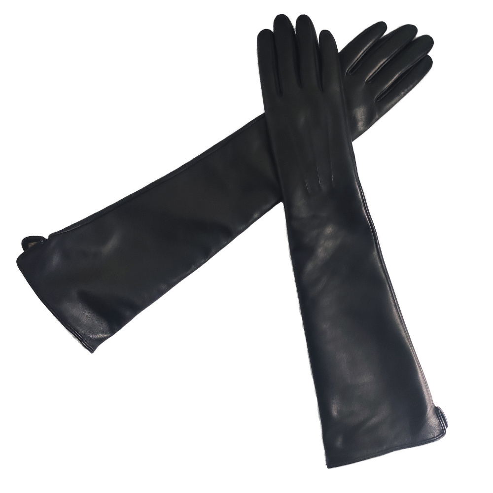 Plain style fashion sexy ladies winter black long sheepskin leather hand gloves