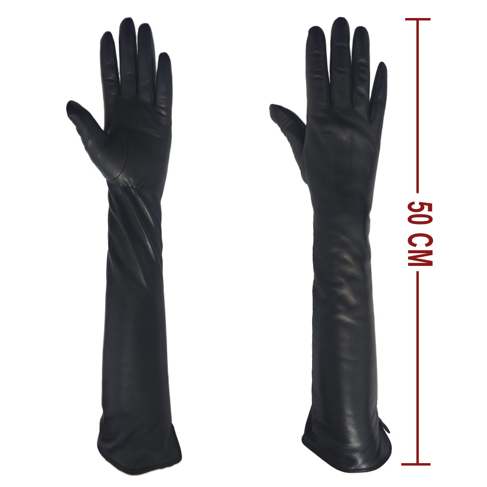 Plain style fashion sexy ladies winter black long sheepskin leather hand gloves