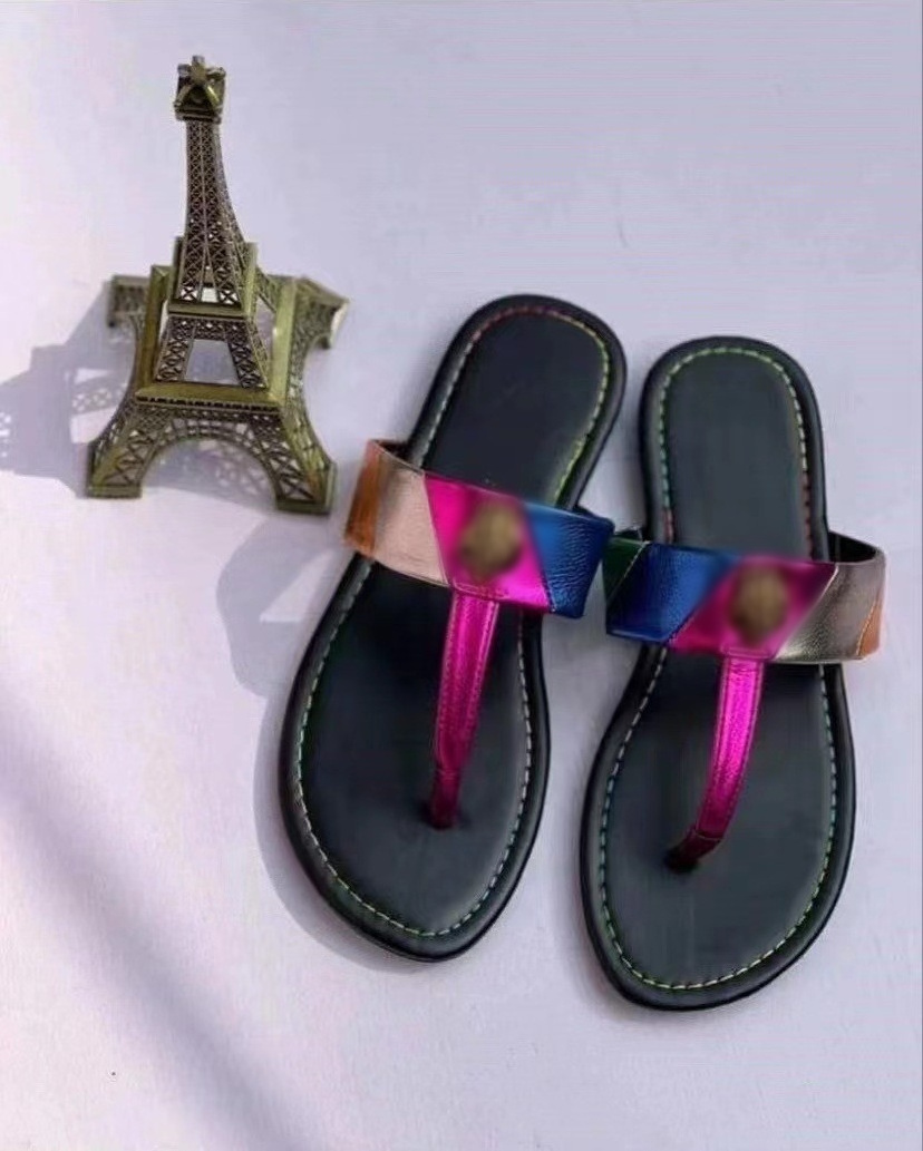 Wholesale designer brand shoes fashion ladies flat flip flops summer black leather slippers for women new styles