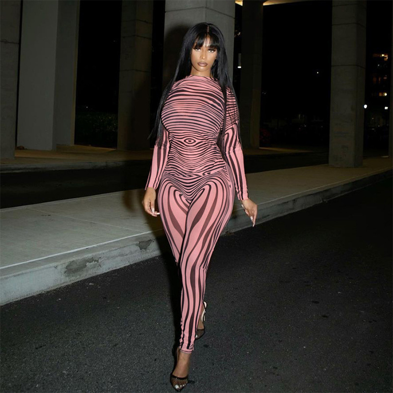 Wholesale fashion stripe bodycon jumpsuits See through mesh long sleeve jumpsuit women