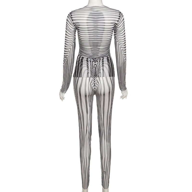 Wholesale fashion stripe bodycon jumpsuits See through mesh long sleeve jumpsuit women