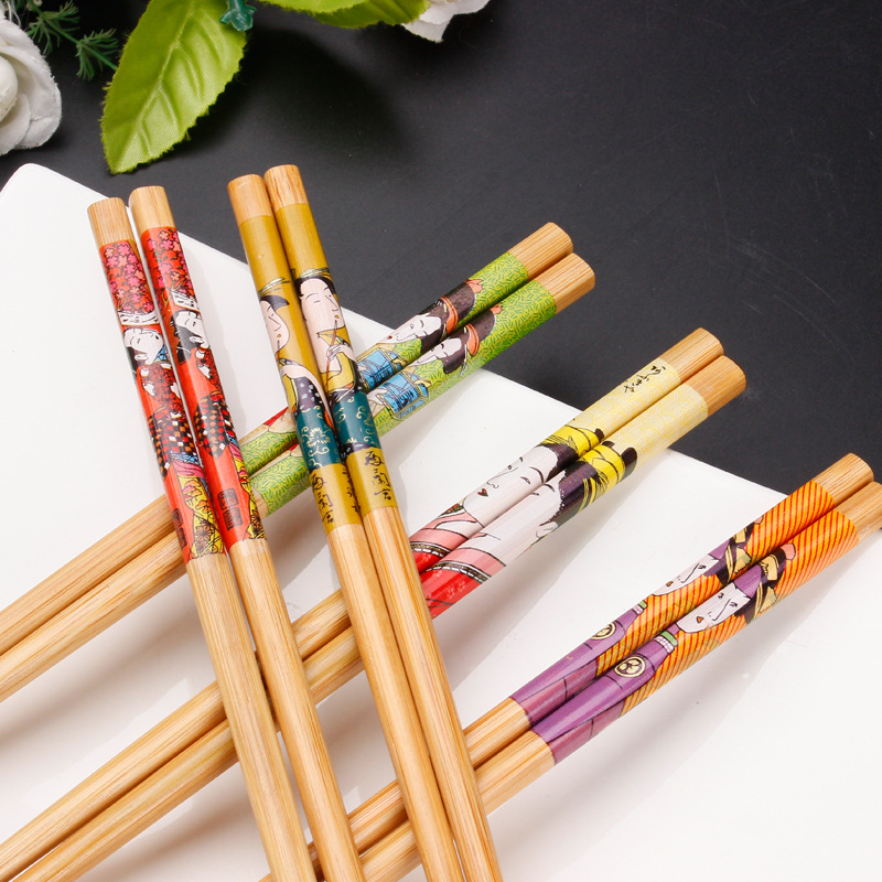 Wholesale Bulk Cheap Prices Japanese Korean Style Printed Reusable Bamboo Wood Sushi Chopsticks