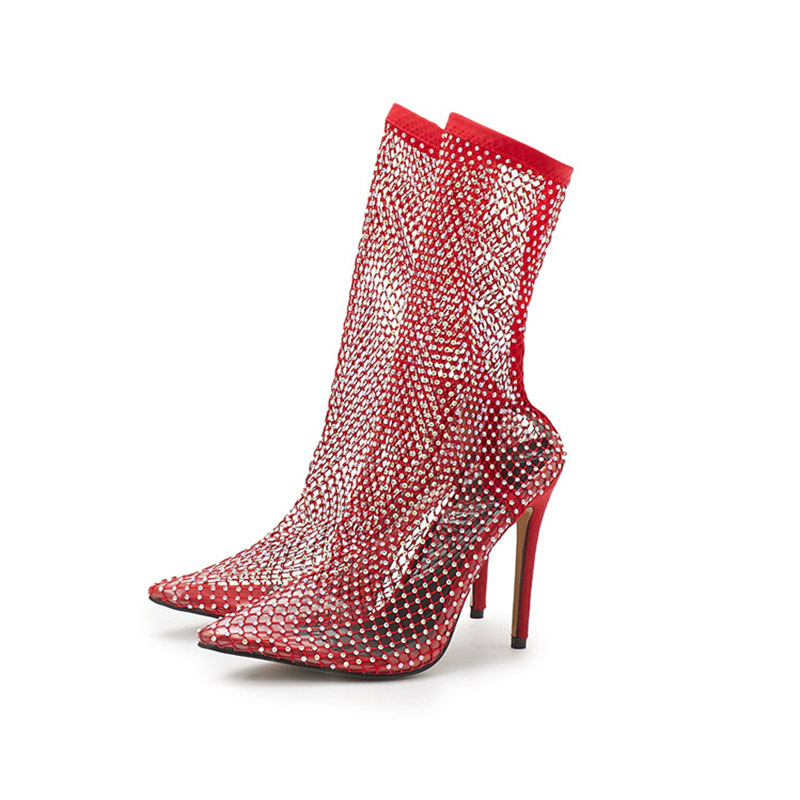 Trendy Design Crystal Rhinestone Mesh Stretch Fabric Sock Boots  PVC Transparent Pointed Toe Shoes Sexy High Heels