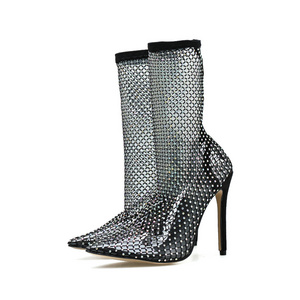 Trendy Design Crystal Rhinestone Mesh Stretch Fabric Sock Boots  PVC Transparent Pointed Toe Shoes Sexy High Heels