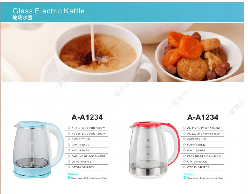 Hot Sales 1.8L Kettle Silicon Blue Pink Glass Tea Kettle Electronic Quick Boiling Kettle