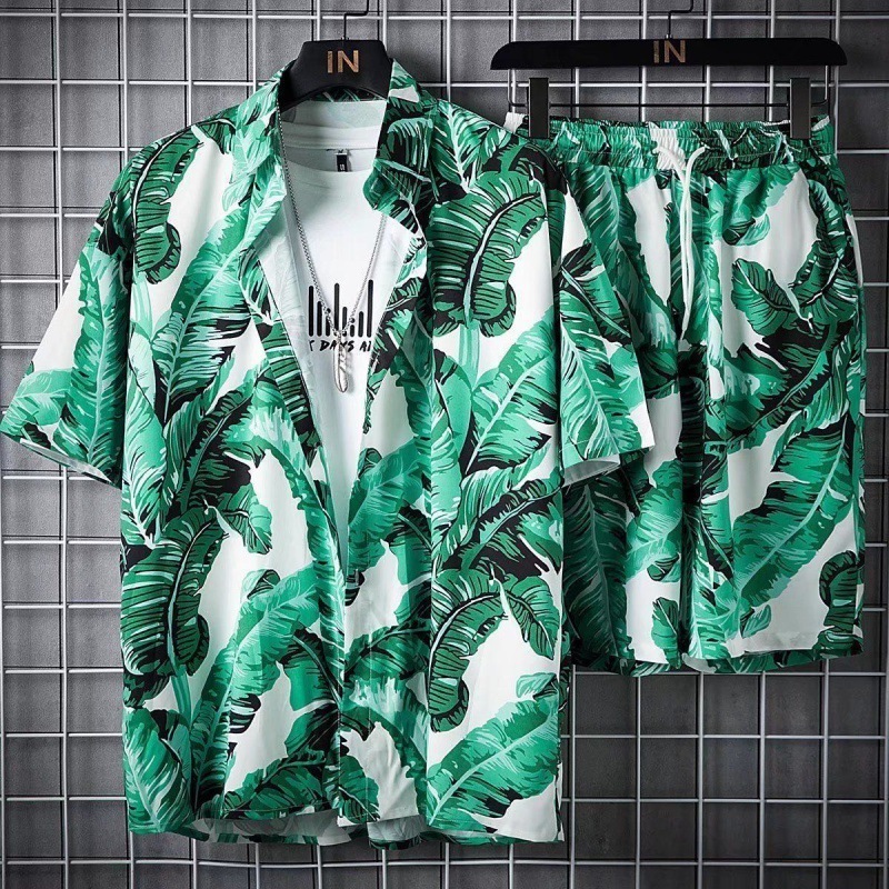 Beach Wear Set Quick Dry Satin Polyester Men's Button Down Collar Hawaiian Shirt Tropical Beach Shirts