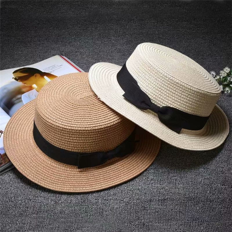 Custom Women Elegant Simple Retro Bowknot Sunscreen Straw Hat Flat Wide Brim Beach Hat