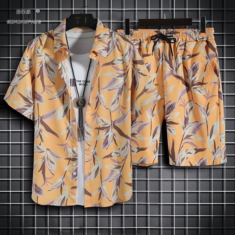 Beach Wear Set Quick Dry Satin Polyester Men's Button Down Collar Hawaiian Shirt Tropical Beach Shirts