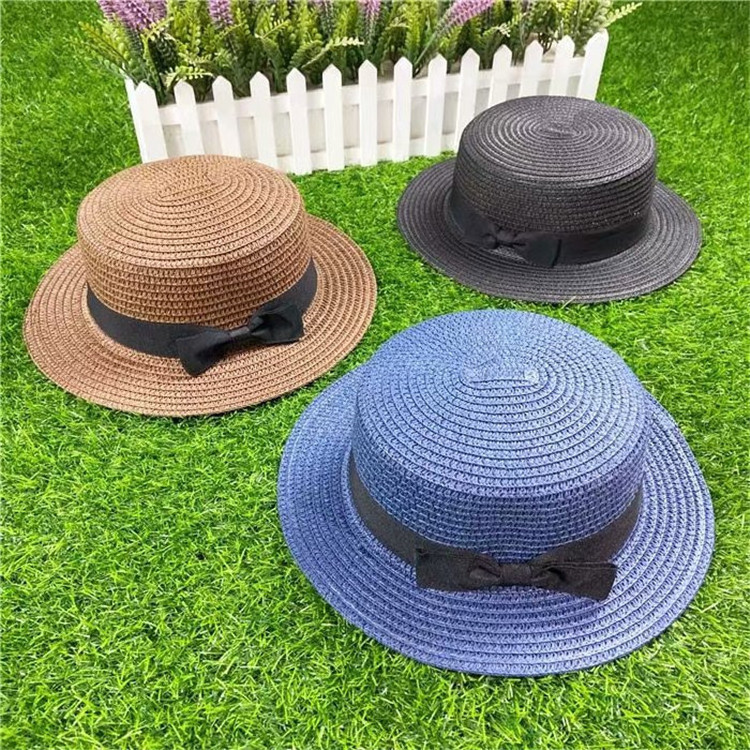 Custom Women Elegant Simple Retro Bowknot Sunscreen Straw Hat Flat Wide Brim Beach Hat