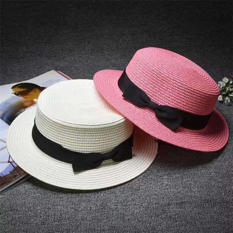 Custom Women Elegant Simple Retro Bowknot Sunscreen Straw Hat Flat Wide Brim Beach Hat