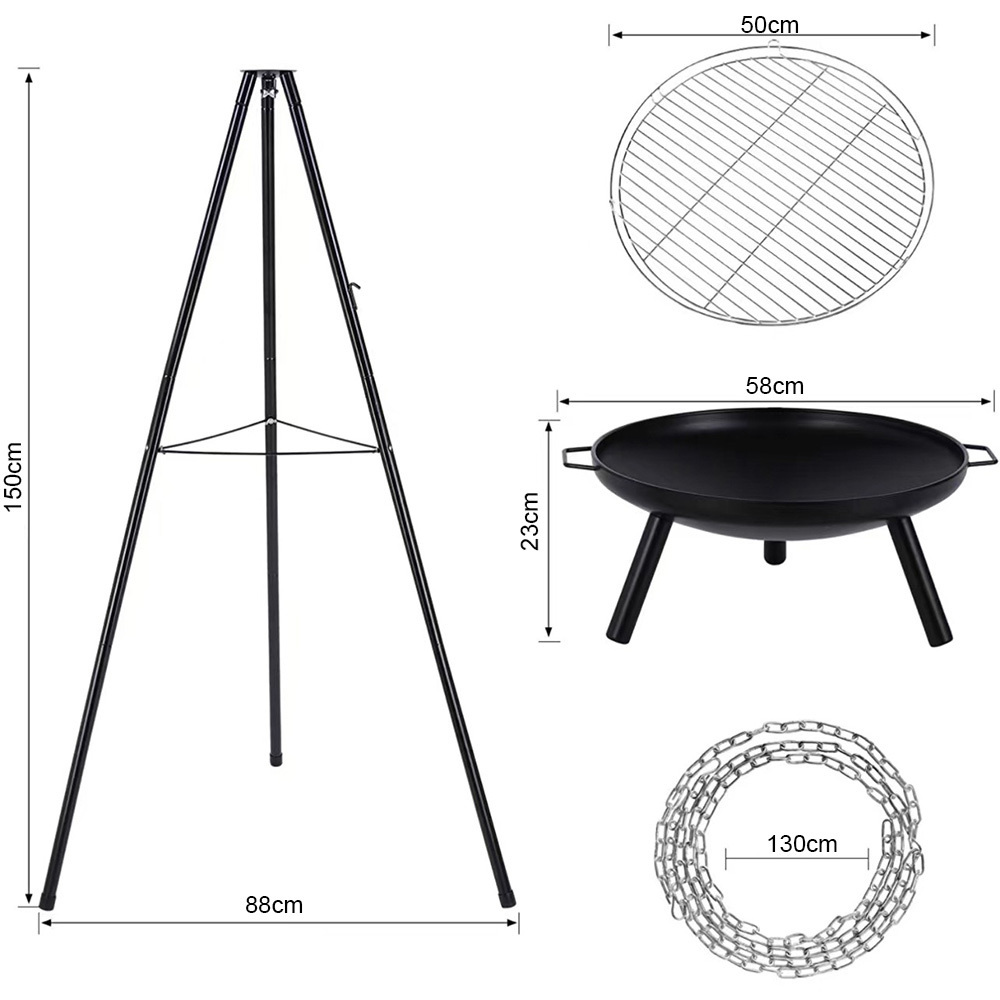 Multi Purpose BBQ Brazier Outdoor Vertical Adjustable Tripod Hanging Charcoal Grill Camping Fire Pit