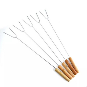 U Shaped BBQ Skewer Reusable Hot Dog Roasting Stick Wooden Handle Chicken Wings Barbecue Fork