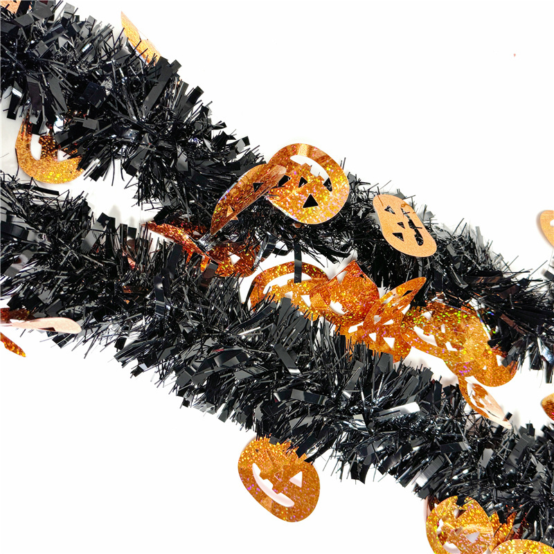 Halloween tinsel garland decorations Pumpkin ribbons Christmas outdoor decor props Black orange party plastic wire garland