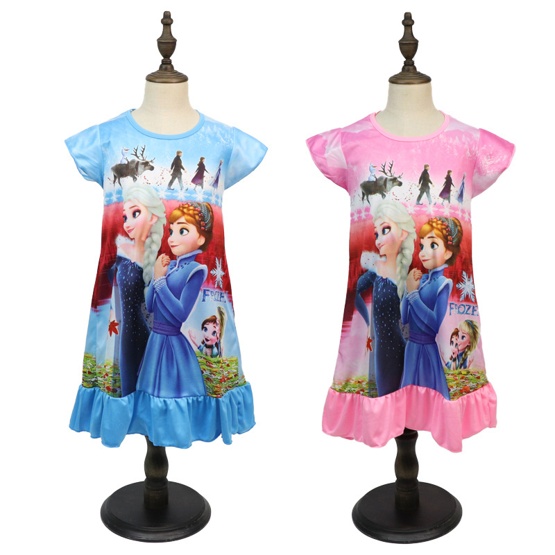 kids skirt cartoon 2 Elsa Anna summer short-sleeved New children's pajamas nightdress Rapunze girl dress