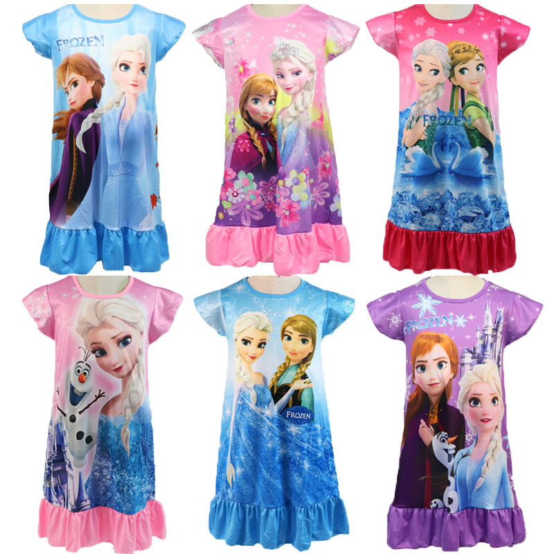 kids skirt cartoon 2 Elsa Anna summer short-sleeved New children's pajamas nightdress Rapunze girl dress