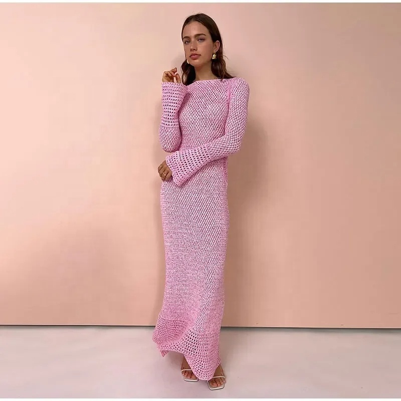 2024 Spring Pink Sweet Customized OEM Crochet Hollow Knitted Elegant Long Sleeve Round Neck Maxi Dress Women's Sweater