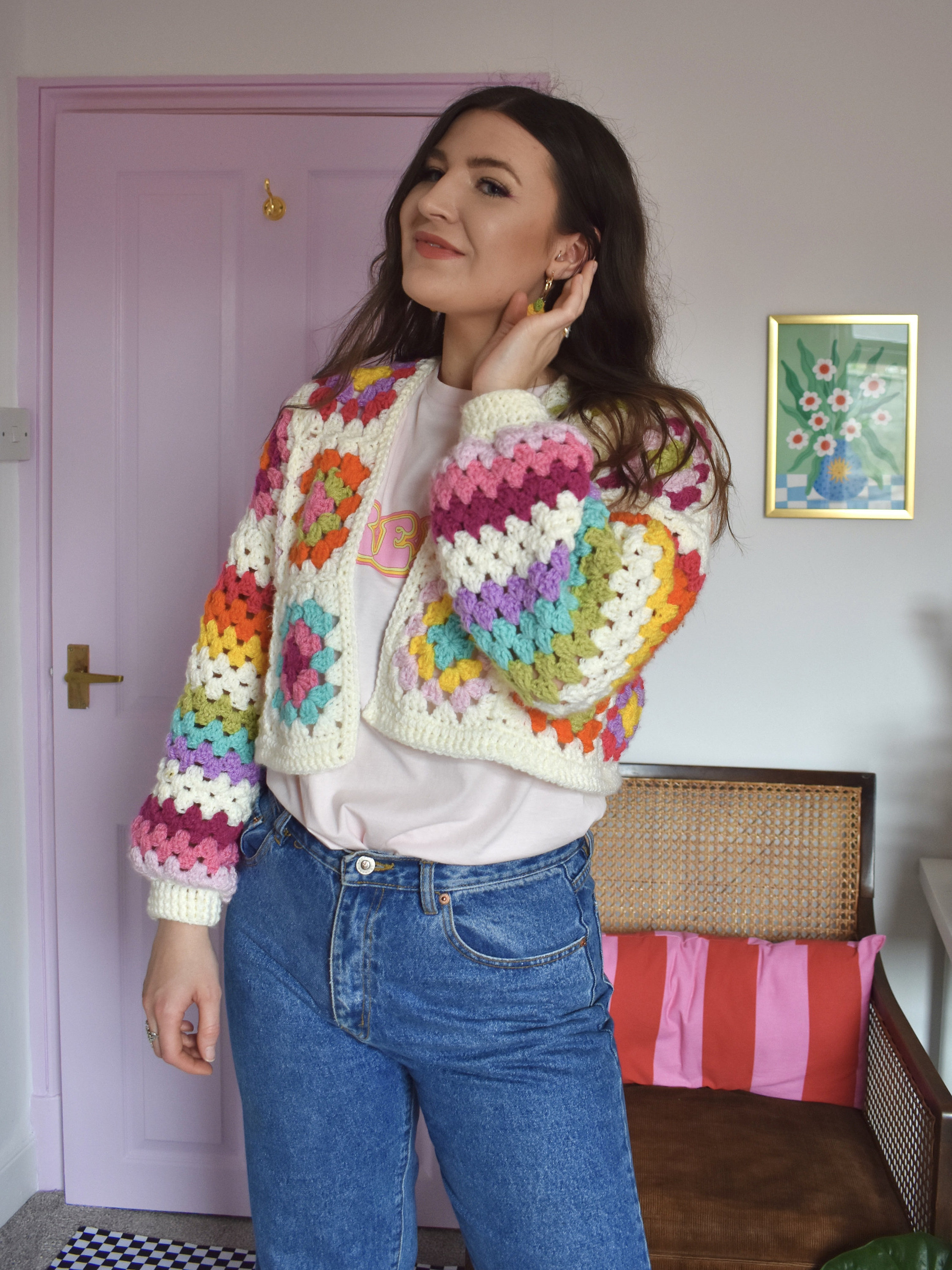 Spring Customized Crochet Pattern Design Granny Check Stripe Rainbow Knitted Short Crochet Cardigan Women's Sweater