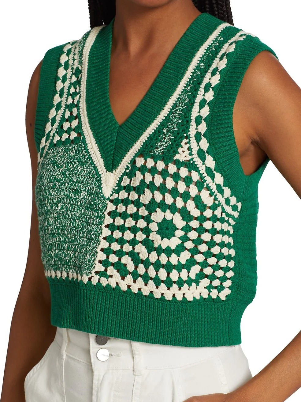 Autumn Fashion Green Custom Grandmother Square V-Neck Top Crochet Cropped Knit Vest Women Sweater