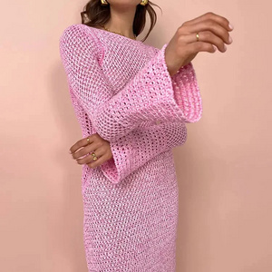 2024 Spring Pink Sweet Customized OEM Crochet Hollow Knitted Elegant Long Sleeve Round Neck Maxi Dress Women's Sweater