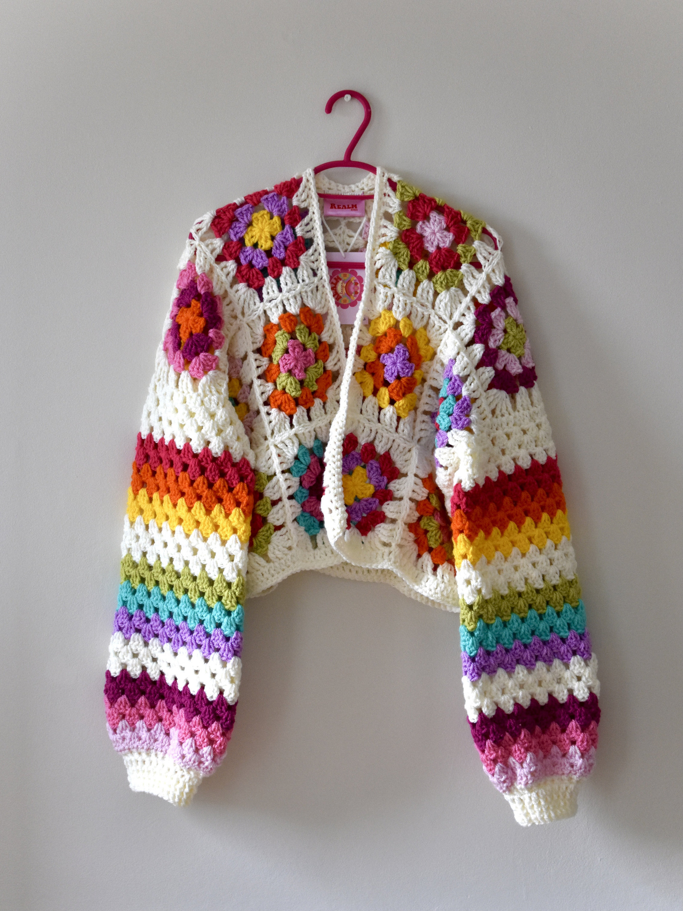 Spring Customized Crochet Pattern Design Granny Check Stripe Rainbow Knitted Short Crochet Cardigan Women's Sweater