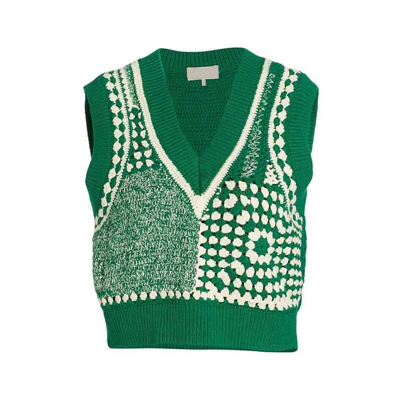 Autumn Fashion Green Custom Grandmother Square V-Neck Top Crochet Cropped Knit Vest Women Sweater