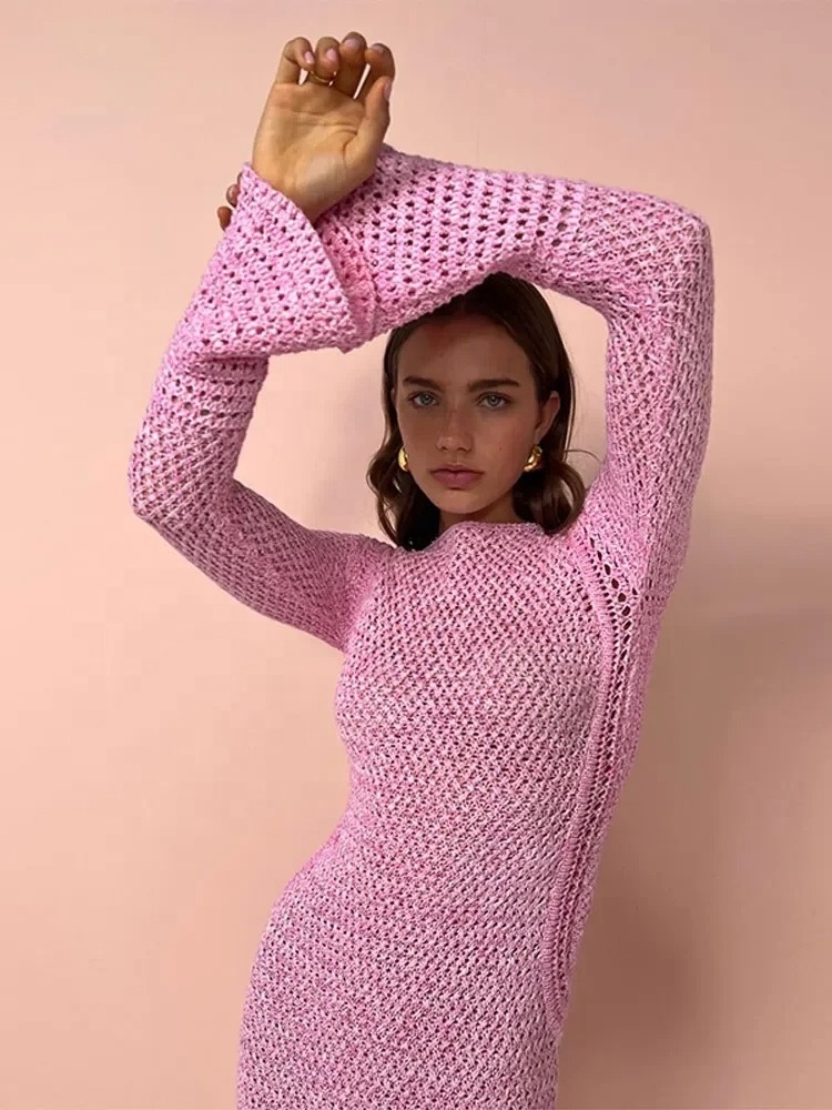 2024 Spring Pink Sweet Customized OEM Crochet Hollow Knitted Elegant Long Sleeve Round Neck Maxi Dress Women's Sweater